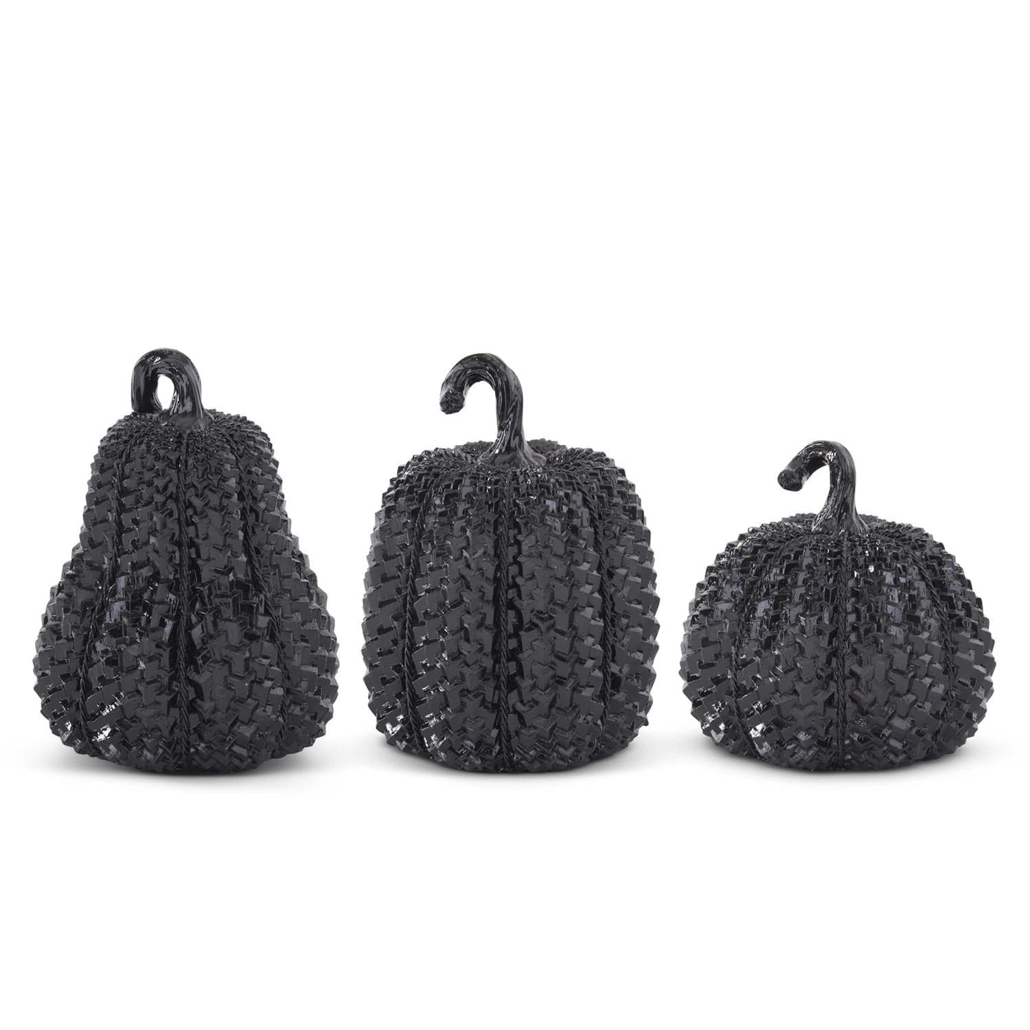Set of three black glossy embossed resin pumpkins in small, medium, and large sizes