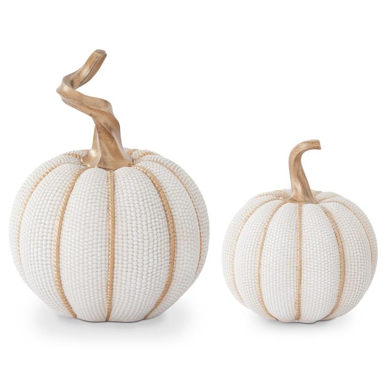 Two cream and gold beaded decorative pumpkins with twisted gold stems, large and small sizes