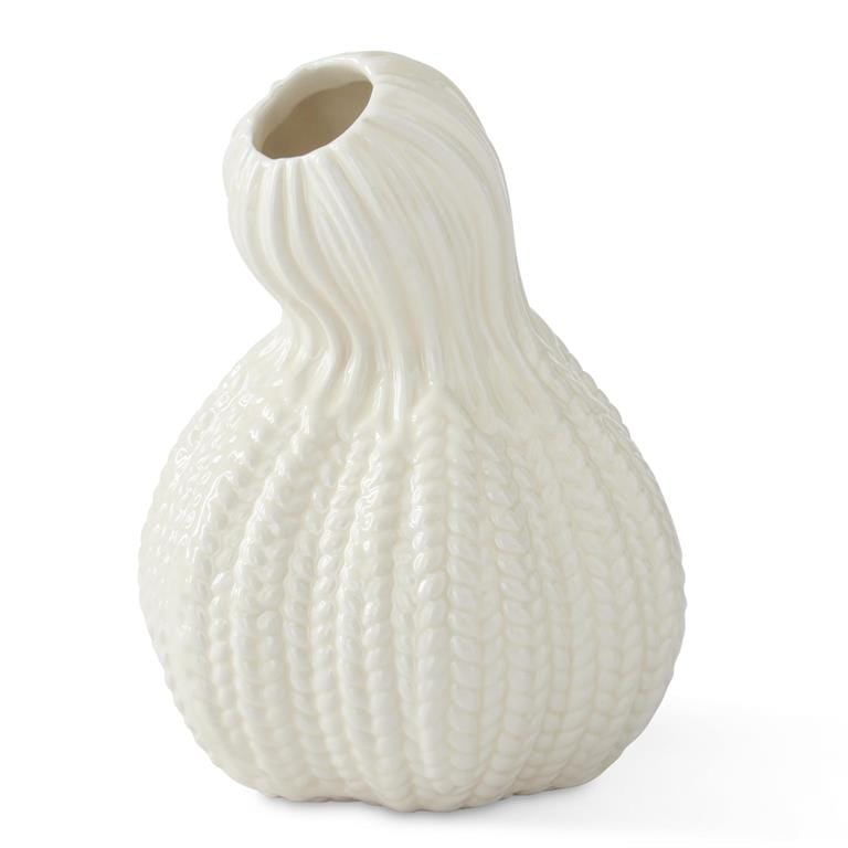 Cream porcelain gourd-shaped bud vase with ribbed texture and small opening, 5.5 inch