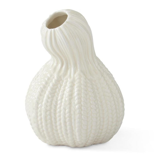 Cream porcelain gourd-shaped bud vase with ribbed texture and small opening, 5.5 inch