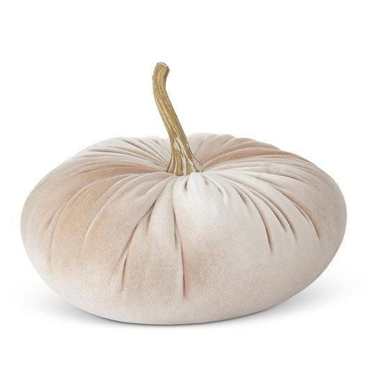 Cream velvet stuffed decorative pumpkin with natural stem, 6.25 inch fall decor