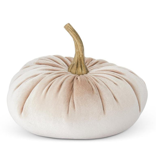 Cream velvet stuffed pumpkin with ribbed texture and rustic brown stem, 7.25 inch