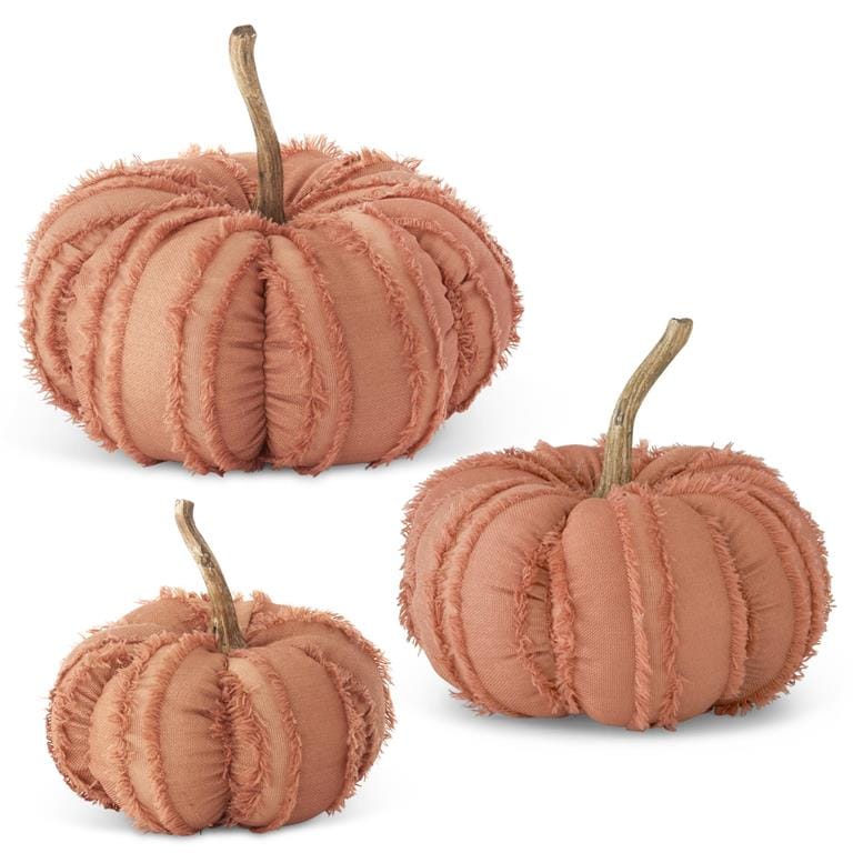 Set of three terracotta orange fringe fabric stuffed pumpkins in small medium large sizes