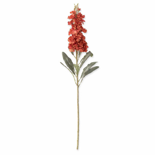 Artificial orange stock flower stem with green leaves, 31.5 inches tall