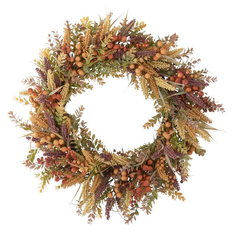 30-inch fall foliage wreath with burgundy berries, seed sprays, and mixed autumn greenery