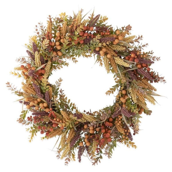 30-inch fall foliage wreath with burgundy berries, seed sprays, and mixed autumn greenery