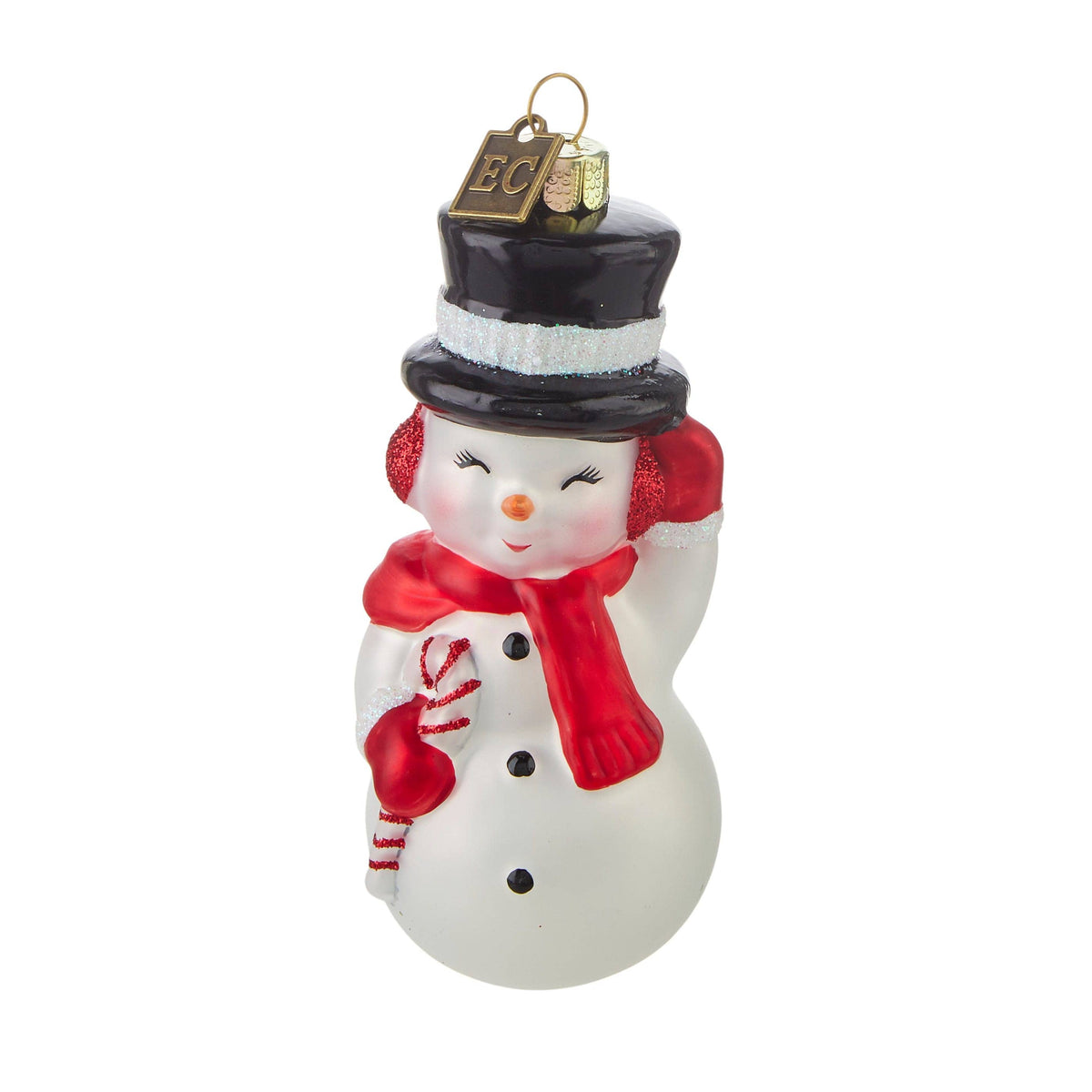 Glass snowman ornament with black top hat, red scarf, earmuffs, and candy cane, front view