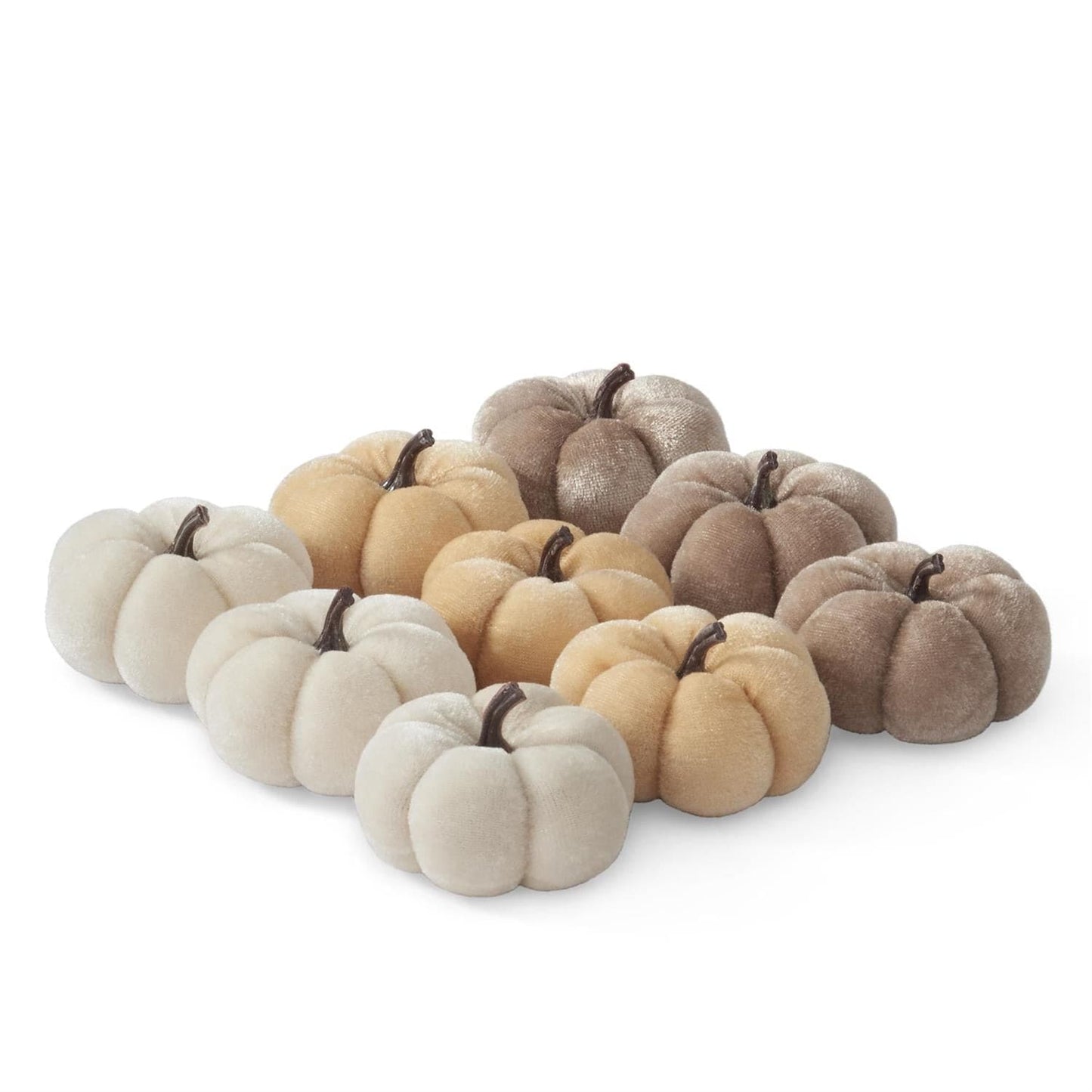 Set of 12 small velvet pumpkins in cream, gold, and taupe neutral tones