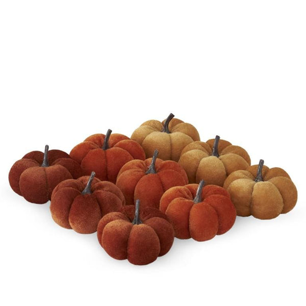 Set of velvet faux pumpkins in tan, rust, and orange with twig stems, autumn decor