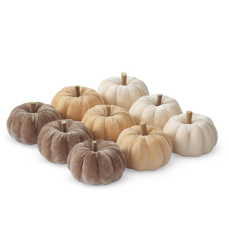 Set of nine velvet filler pumpkins in brown, cream, and golden yellow with wood stems