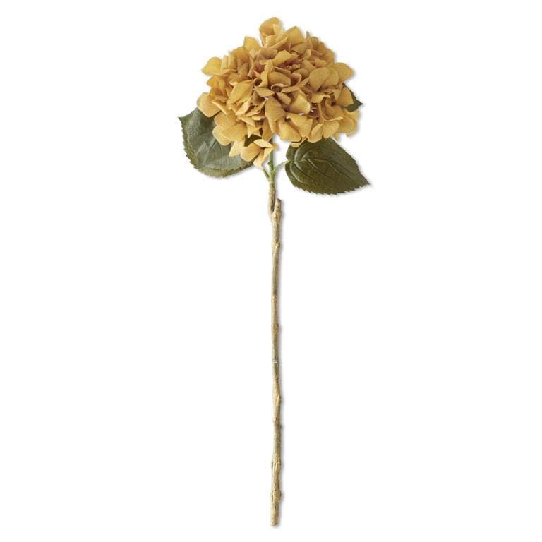 Single stem faux yellow hydrangea with green leaves on a natural twig stem, 24.5 inches tall
