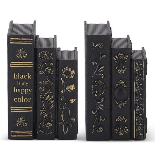 Black and gold resin stacked spell books with ornate floral gothic embossed detailing