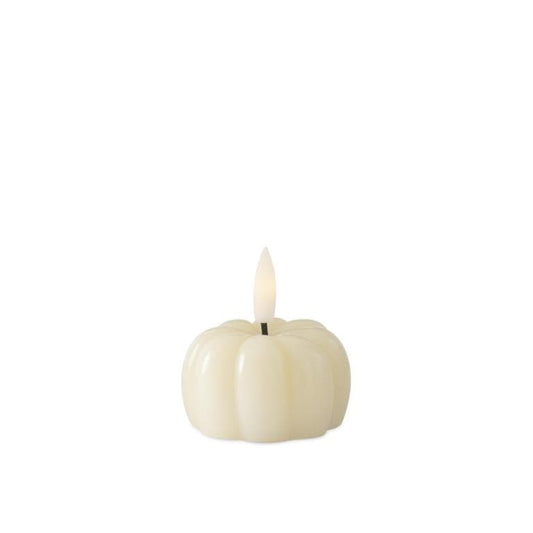 Cream wax LED pumpkin-shaped candle with flickering flame and black wick