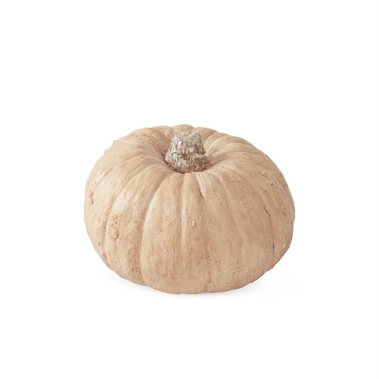 Small 3-inch light tan resin decorative pumpkin with ridged texture and dried stem