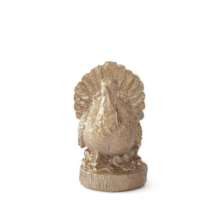 Gold resin turkey figurine with fanned tail on decorative round base, 4.5 inch