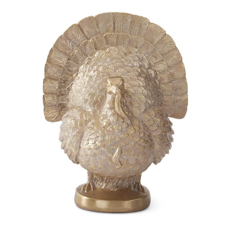 Gold resin turkey figurine with fanned tail feathers on round base