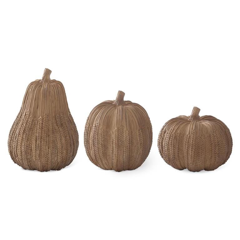 Set of three light brown resin pumpkins with textured wheat knit pattern in varying sizes