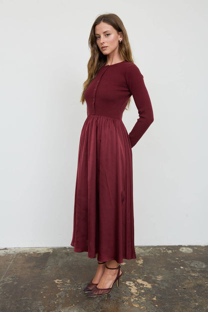Knit Cardigan Satin Skirt Twofer Midi Dress