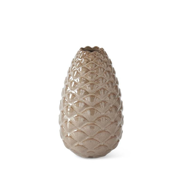 6 inch tan ceramic pinecone-shaped vase with glossy glaze and scale texture