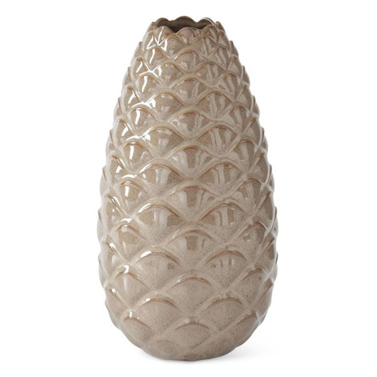Tan glazed ceramic vase with textured pinecone scale pattern, tall oval shape