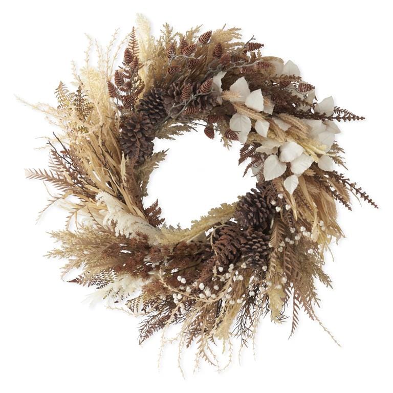 32-inch fall wreath with pine cones, dried ferns, pampas grass, and white cotton blooms