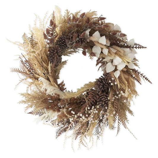 32-inch fall wreath with pine cones, dried ferns, pampas grass, and white cotton blooms