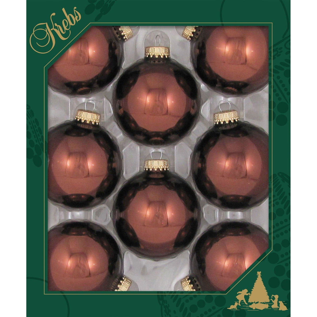 Box of eight shiny deep brown glass ball ornaments with gold caps, arranged in plastic tray