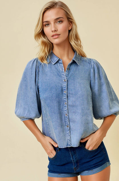 TENCEL CHAMBRAY PLEATS DETAIL JEAN PUFF SLEEVE SHIRT