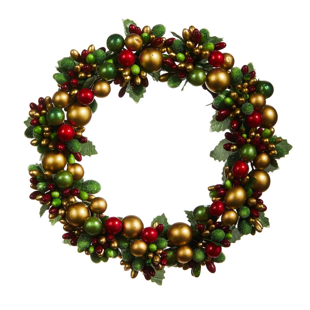 Christmas wreath candle ring with gold red and green beaded berries and holly leaves