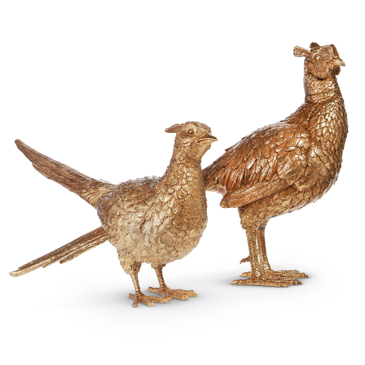 Pair of detailed gold metallic pheasant figurines, male and female, shown from side angle