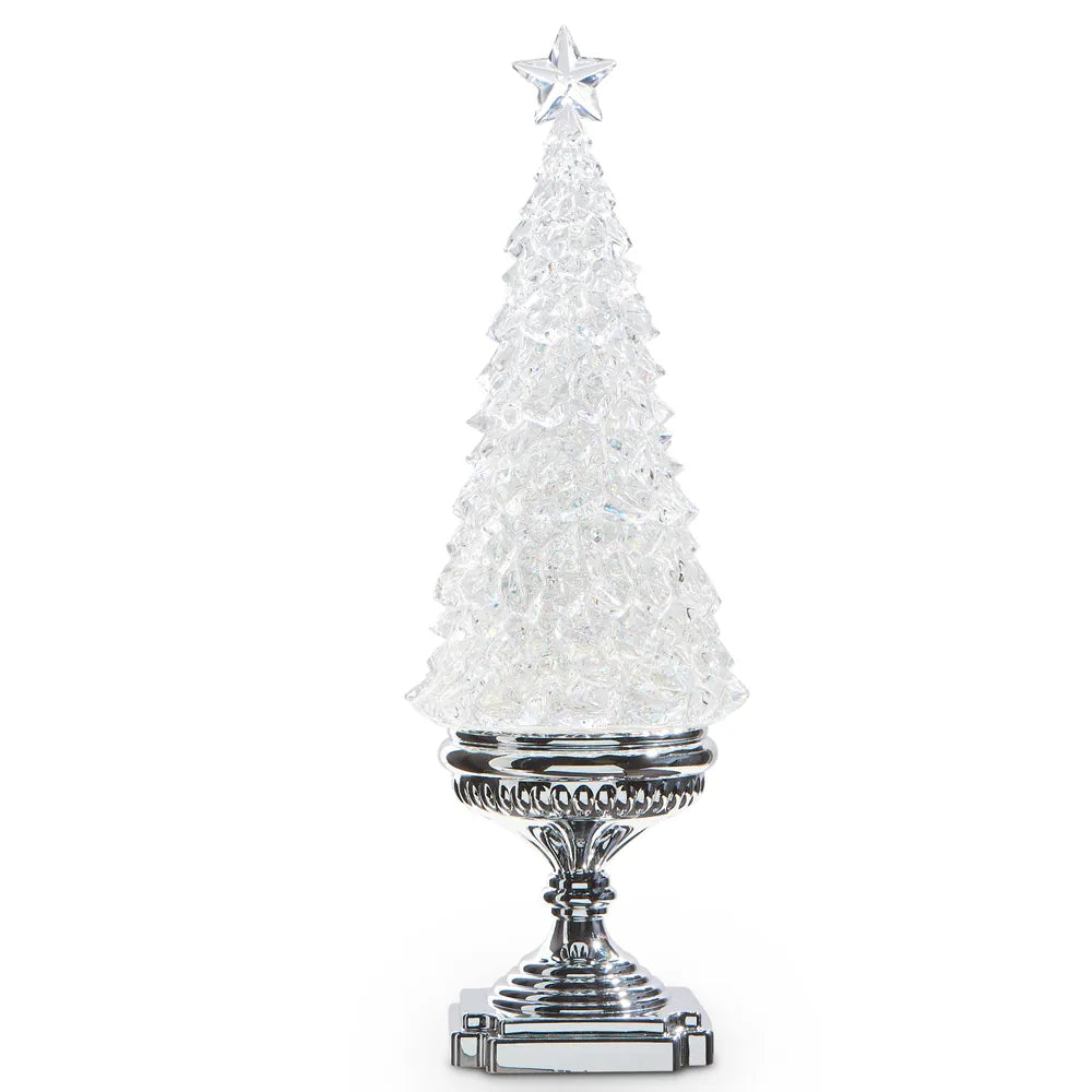 Clear crystal acrylic Christmas tree with silver pedestal base and star topper, 17 inches