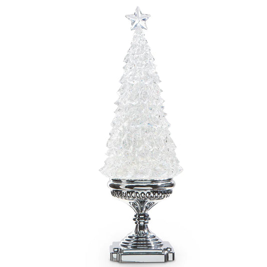 Clear crystal acrylic Christmas tree with silver pedestal base and star topper, 17 inches
