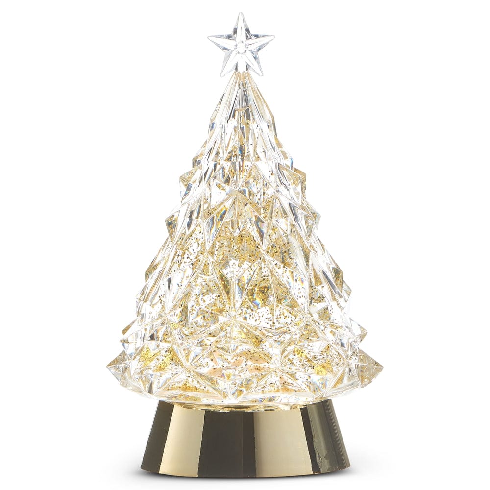 Crystal acrylic lighted Christmas tree with gold swirling glitter and star topper on gold base