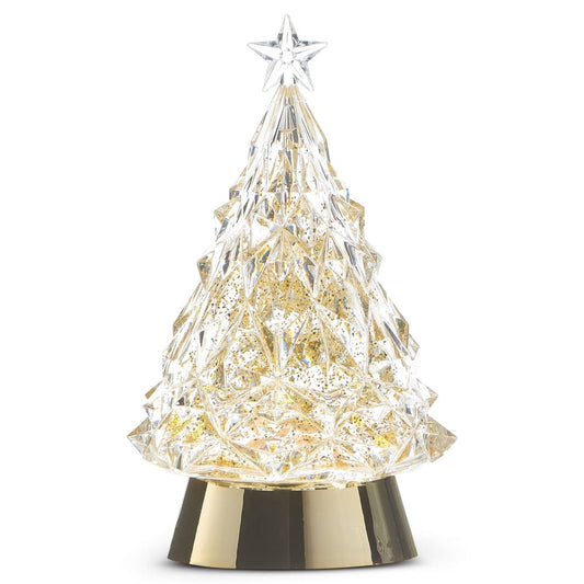 Crystal acrylic lighted Christmas tree with gold swirling glitter and star topper on gold base