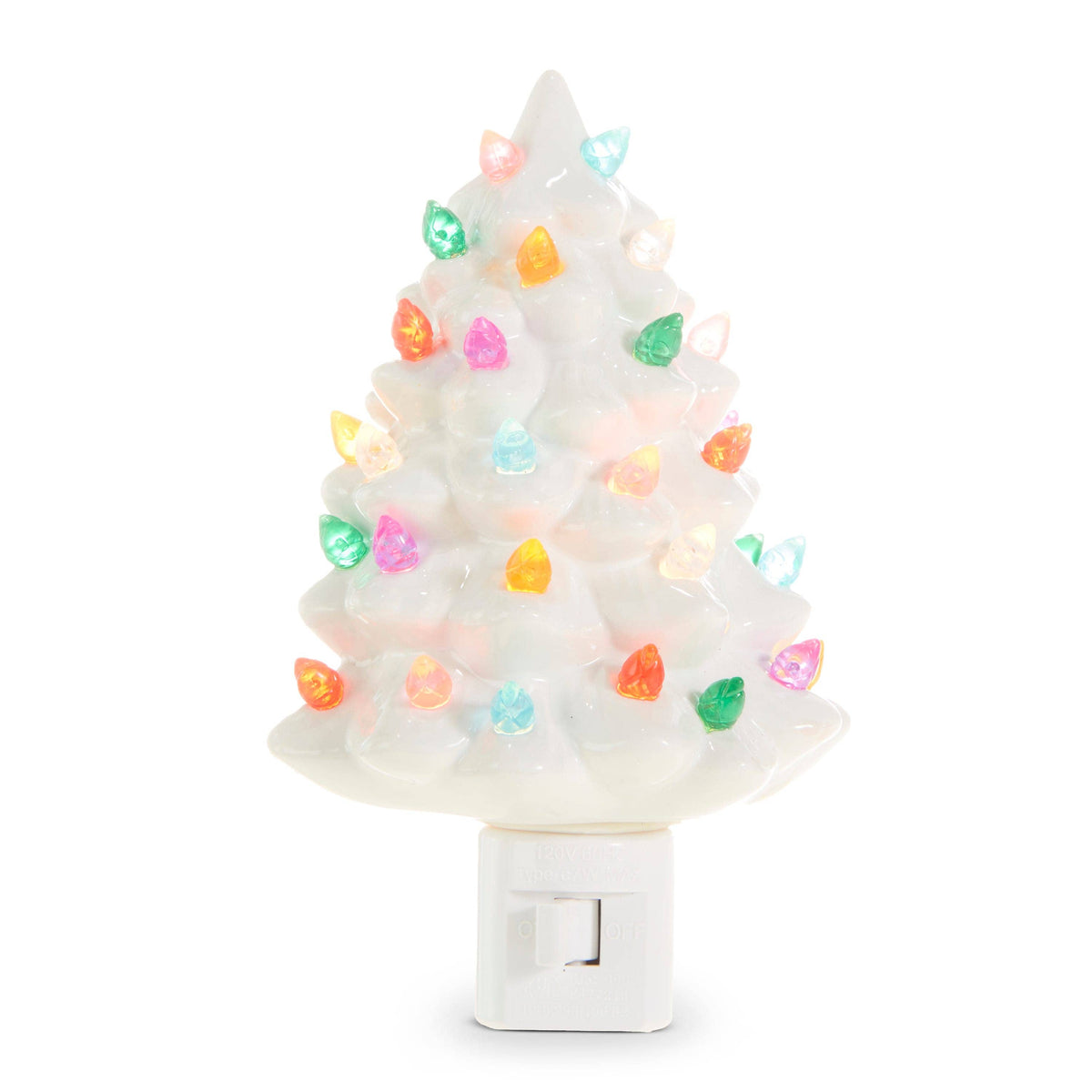 White ceramic vintage-style Christmas tree night light with multicolor bulbs, plug-in base