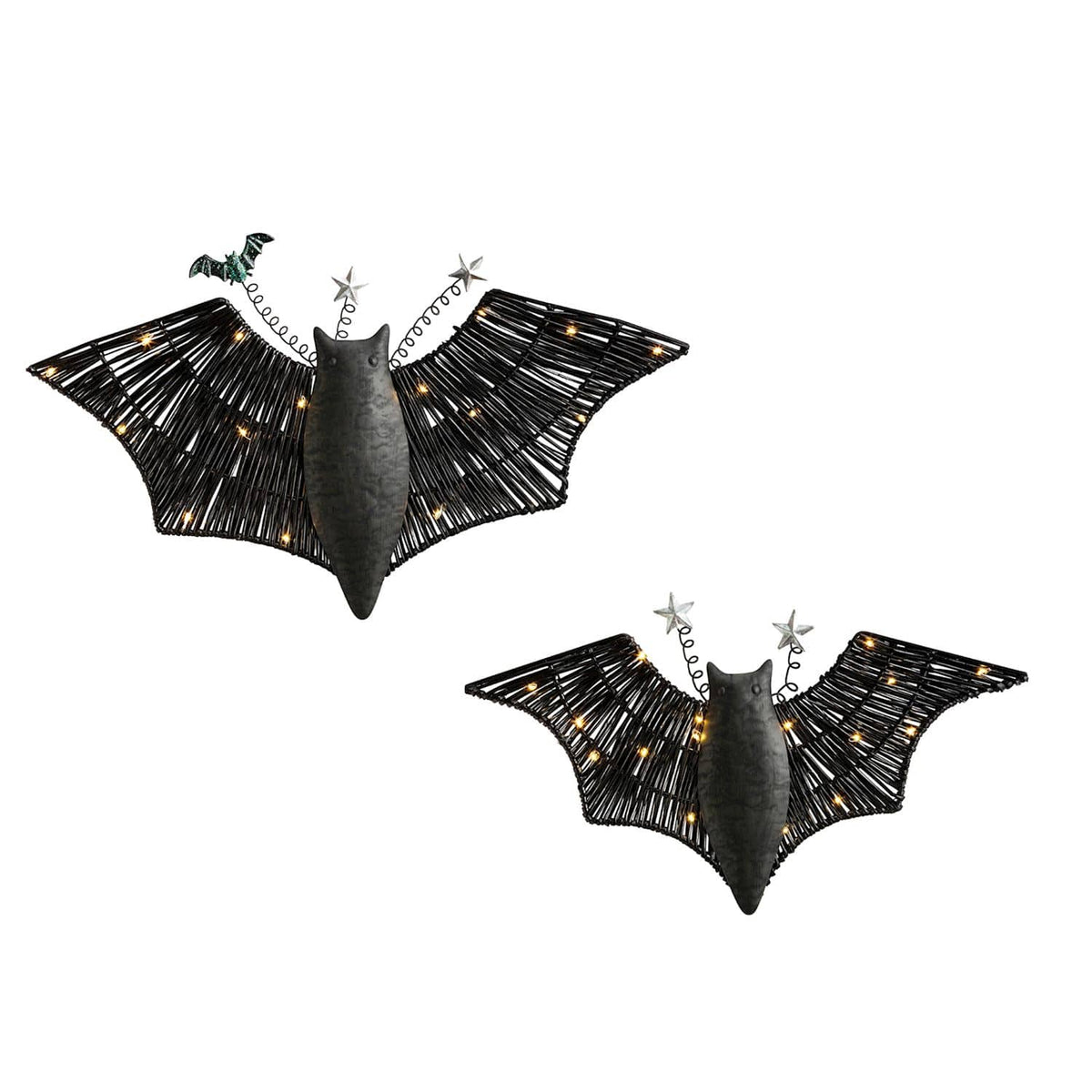 Black woven rattan and tin light-up bat wall decor in two sizes with star accents