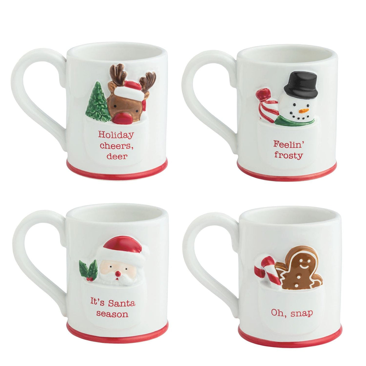 Set of four white Christmas mugs featuring reindeer, snowman, Santa, and gingerbread man designs
