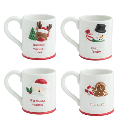 Set of four white Christmas mugs featuring reindeer, snowman, Santa, and gingerbread man designs