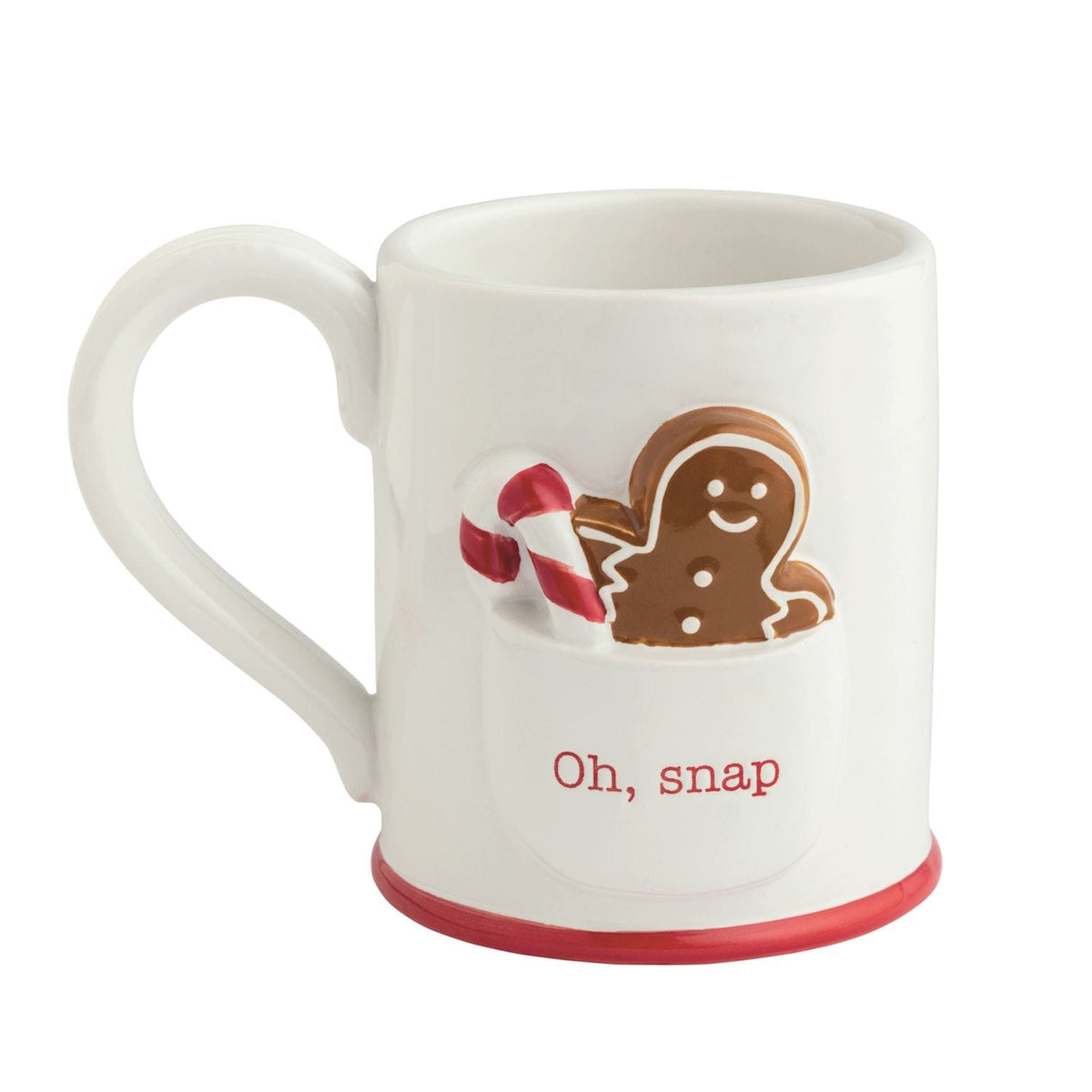 Mudpie white ceramic Christmas mug with gingerbread man, candy cane, and Oh Snap text