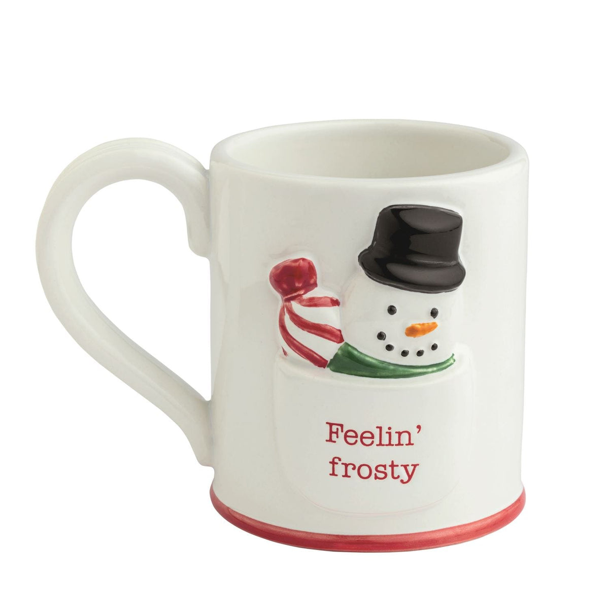 White ceramic Christmas mug with 3D snowman, red trim, reads Feelin' Frosty
