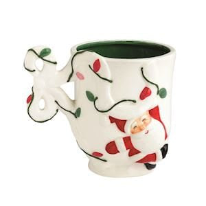 White ceramic Christmas mug with 3D Santa Claus figure and colorful holiday lights