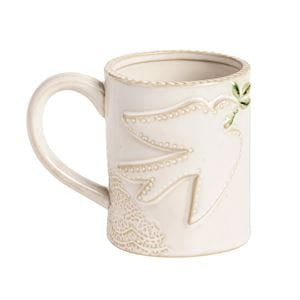 White ceramic Christmas mug with embossed turtle dove and holly leaf detail