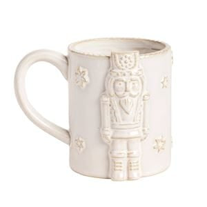 Mudpie white ceramic Christmas mug with embossed nutcracker and star details