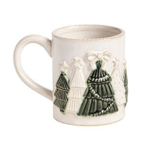 Mudpie white ceramic Christmas mug with embossed green and white holiday trees