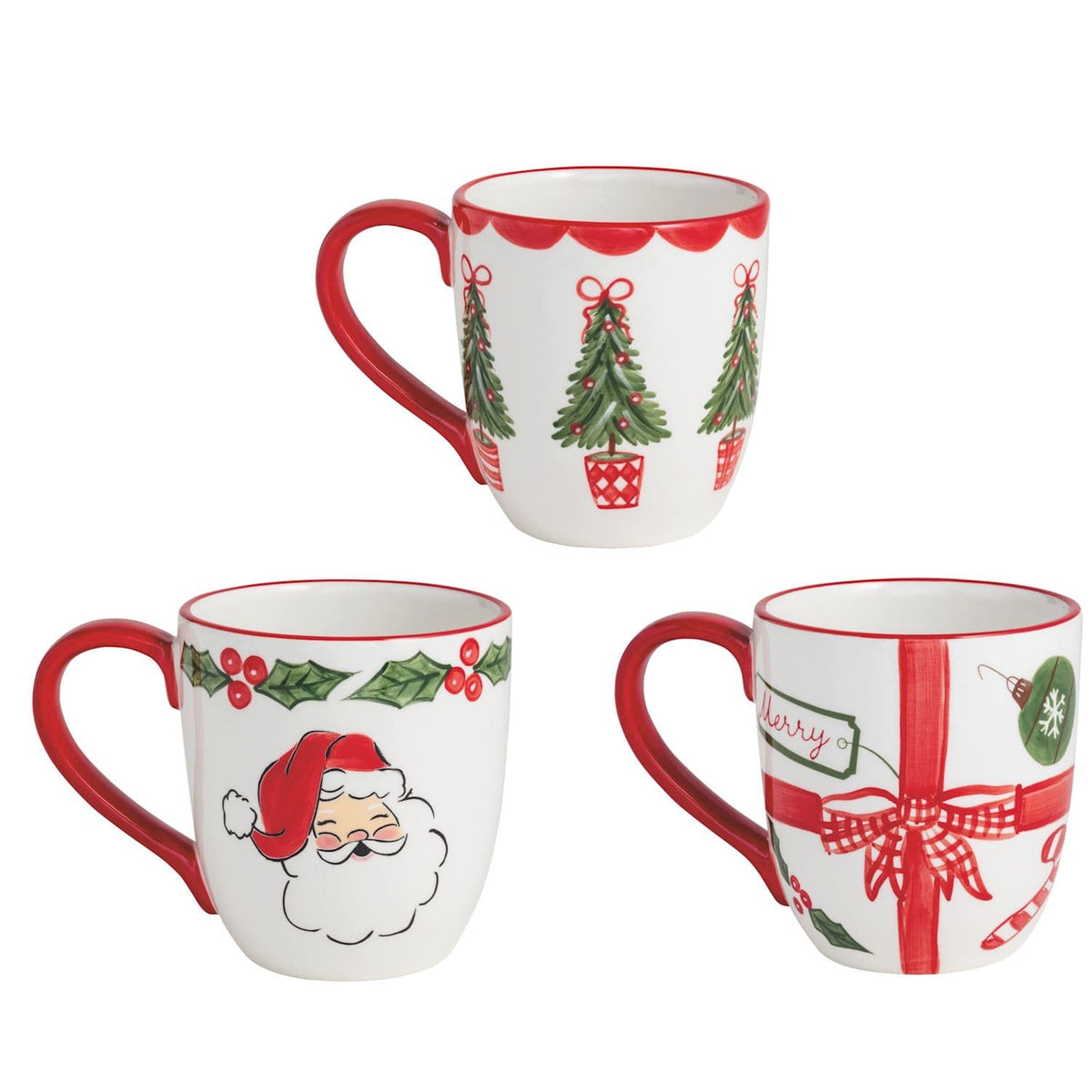Set of 3 white and red ceramic Christmas mugs with tree, Santa, and gift designs