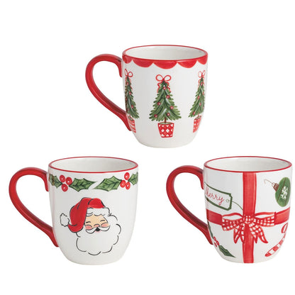 Set of 3 white and red ceramic Christmas mugs with tree, Santa, and gift designs
