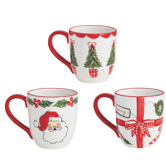 Set of 3 white and red ceramic Christmas mugs with tree, Santa, and gift designs