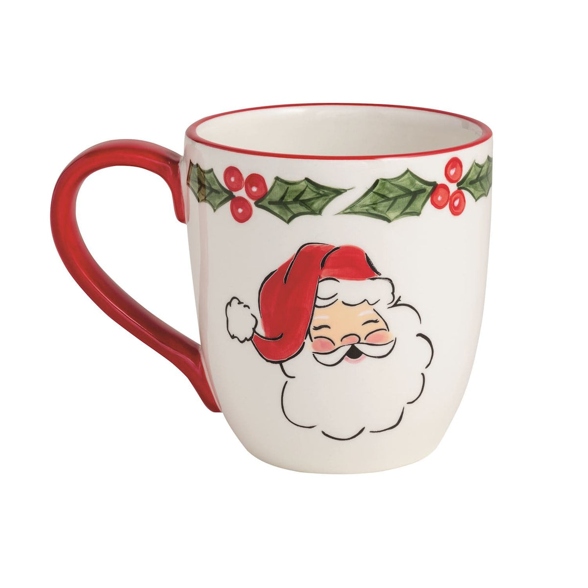 Mudpie white ceramic Christmas mug with Santa face, holly berries, and red handle