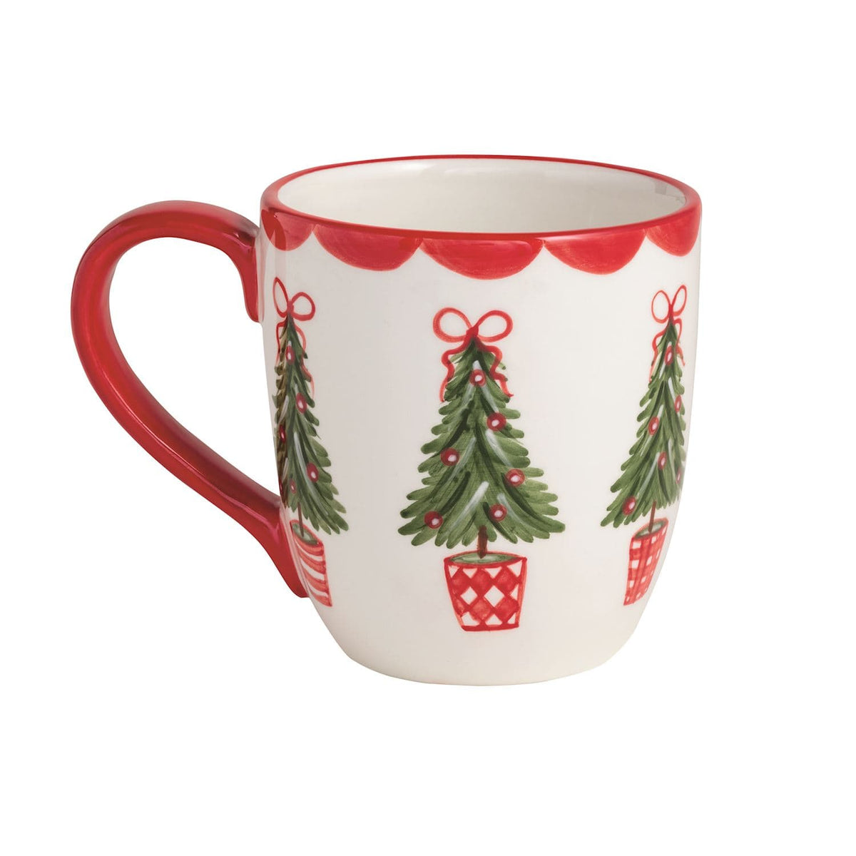 White ceramic Christmas mug with red handle, painted green potted trees and red bow accents