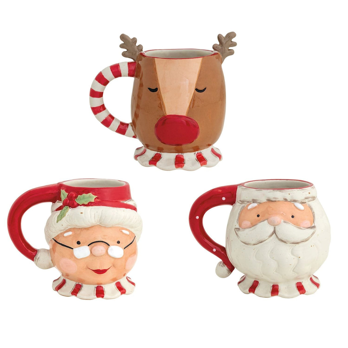 Three Christmas ceramic mugs shaped as Rudolph, Mrs. Claus, and Santa with candy cane bases